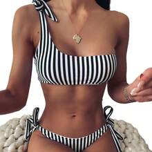 Popular Two-Piece Bikini With Blue Vertical Striped Print, With A Tie On One Shoulder. - NK133-bL - View 6