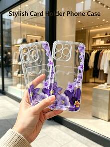 1 unidad Patrón floral morado delicado Funda para iPhone 16 E, protección anticaída con airbag reforzado en las cuatro esquinas, tarjetero invisible integrado en la parte trasera, compatible para tarjeta personal, carnet de conducir, tarjeta de acceso y tarjeta de transporte, funda protectora antigolpes portátil con ranura para tarjetas, diseño sencillo y elegante, ideal para uso diario, desplazamientos y viajes - transparente - Ver 3