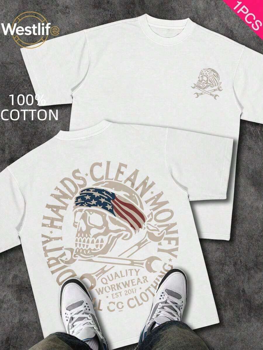Cute Unisex Premium Casual T-Shirts, Men's Graphic Tee, Dirty Hands Clean ❤️ Money Daily Wear 100% Cotton Unisex Gift Idea For Him Or Her Urban Fashion Top - 白色 2 - 查看 1