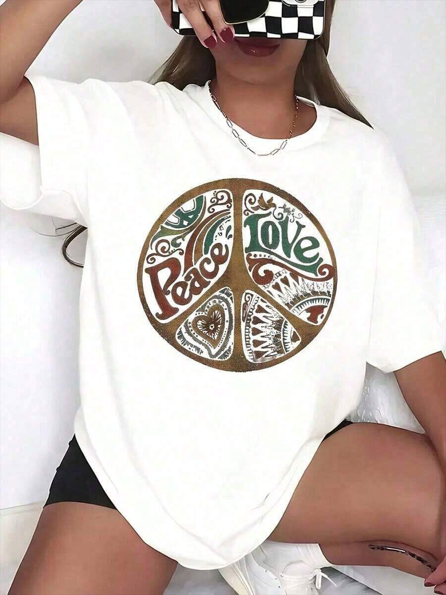 100% Cotton. Women's Oversized Peace And Love Print T-Shirt, Casual Summer Top With Boho Design, Comfortable, Loose Fit, Fashionable Piece, 100% Cotton. Women's Simple Solid Color T-Shirt, Loose And Slim Fit Casual Short Sleeve - 白色的 - 查看 1