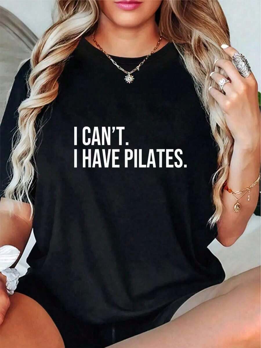 100% Cotton Cool Pilates With Saying I Can't I Have Pilates T-Shirt Casual Short Sleeve Shirt - 黑色 - 查看 1