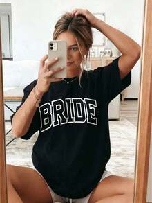 New 2026 Collection: Cotton T-Shirt For Bride, Minimalist T-Shirt For Bride, Wedding, Bachelorette Party, Aesthetic T-Shirt For Bride 3XL, Classic Thick Cotton Short Sleeve Graphic Print T-Shirt For Bachelorette Party, Casual Short Sleeve Top For Women, Short Sleeve Sports T-Shirt. - 黑色 - 查看 12
