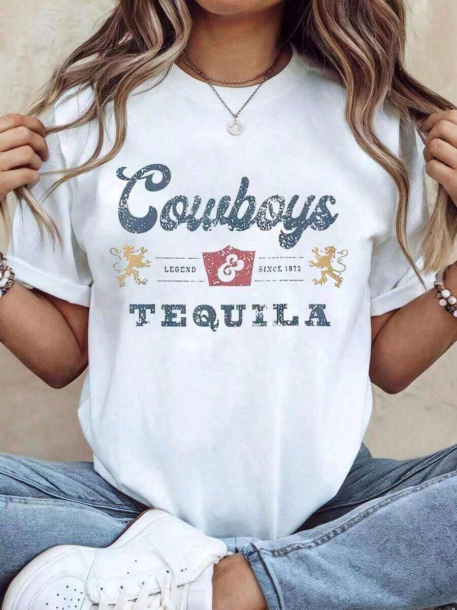 100% Cotton 1 Piece Cowboys And Tequila Short Sleeve Crew Neck T-Shirt, Casual, For Summer And Spring, Women's Clothing, G 100% Cotton Women's Simple Solid Color T-Shirt, Loose And Slim Fit Casual Short Sleeve - 白色的 - 查看 1