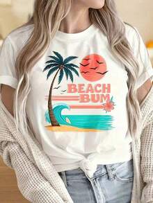 100% Cotton. One-Piece T-Shirt For Women And Men With A Round Neck And Short Sleeves. Features A Tropical Palm Tree, Sunset, And Surf Wave Print, Ideal For Summer Vacations And Casual Wear. The Fun Prints Are Suitable For Christmas Parties, Sporting Events, Holiday Parties, Outings, Sports, And Other Holiday Gifts. 100% Cotton. Women's Simple Solid Color T-Shirt, Loose And Slim Fit Casual Short Sleeve - 白色的 - 查看 1