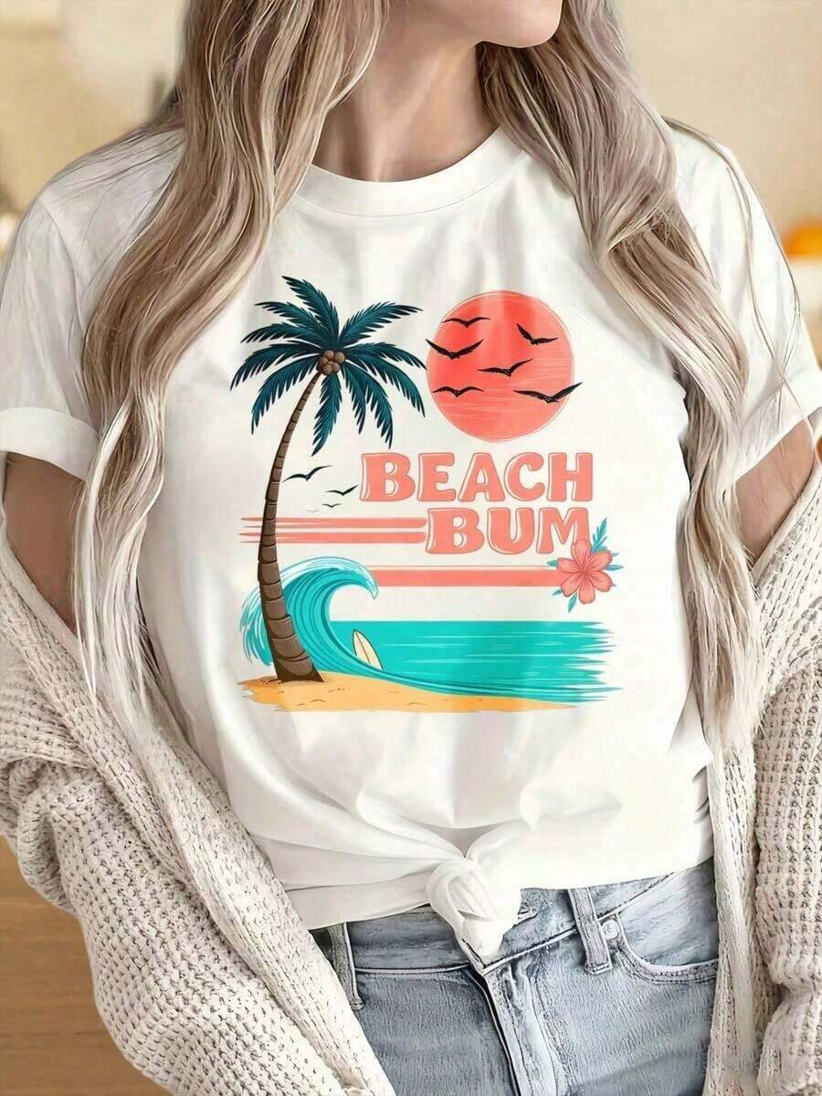 100% Cotton. One-Piece T-Shirt For Women And Men With A Round Neck And Short Sleeves. Features A Tropical Palm Tree, Sunset, And Surf Wave Print, Ideal For Summer Vacations And Casual Wear. The Fun Prints Are Suitable For Christmas Parties, Sporting Events, Holiday Parties, Outings, Sports, And Other Holiday Gifts. 100% Cotton. Women's Simple Solid Color T-Shirt, Loose And Slim Fit Casual Short Sleeve - 白色的 - 查看 1