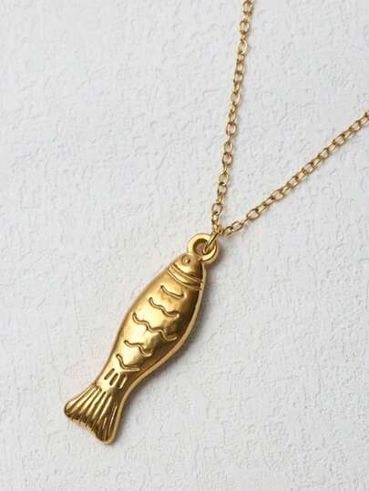 1 pieza Collar con colgante de pez dorado 3D chapado en oro de 18K de acero inoxidable, elegante y minimalista, estilo lindo de océano y playa para vacaciones