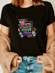 Premium 100% Cotton T-Shirt With "April Showers Bring May Flowers" Print - Casual White Crew Neck T-Shirt, Decorated With A Square Pattern Of Red Roses And Pink Flowers, Paired With Blue Jeans And A Brown Cardigan - Simple Solid Color T-Shirt For Women, Loose Fit, Casual Short Sleeve. Gift Idea. - 黑色 - 查看 7