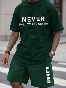 Solid Color Round Neck Dropped Shoulder Summer Breathable Cool Short Sleeve Top And Shorts Set - Dark Green - View 3