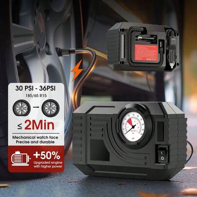  Carsun 便携式轮胎充气泵，150PSI，12V直流机械式，耐磨耐用，充气速度提升3倍，配备高亮度LED灯方便夜间使用，汽车配件 - 适用于汽车、摩托车、自行车和球类