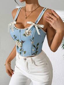 French Court Bow Tie With Floral Patterns, Vintage Oil Painting, Shapewear For Dance Parties, Women's Camisoles, Printed Slim Fit Vests, Corsets, And Outerwear - màu xanh da trời - Xem 5
