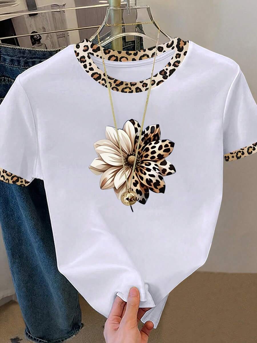 Women's Short Sleeve T-Shirt With Sunflower Applique - Casual Round Neck Blouse, Machine Washable - Top, Sunflower Patch For Casual Outfits And Layering, Comfortable T-Shirt - 白色 - 查看 1