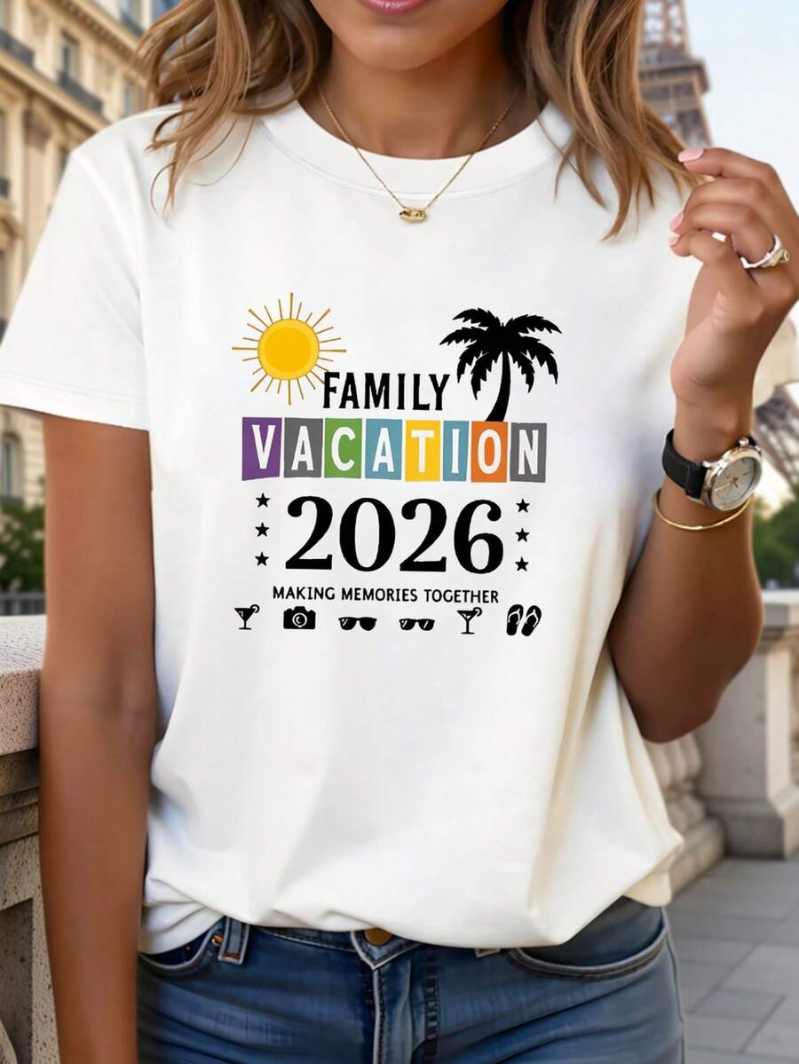 Women's Round Neck T-Shirt With "FAMILY HOLIDAY NEW YEAR 2026" Print For Spring And Summer, Perfect For Casual Outings, Holiday Gifts And Gatherings With - 白色 - 查看 1