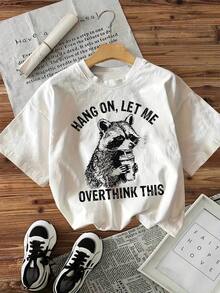 1pc2026 Women's Printed Shirt, New Summer Lightweight Casual Blouses For Ladies, Humorous Style Raccoon Drink Hang On, Letter Print Short-Sleeve Round Neck Shirt - 白色的 - 查看 5
