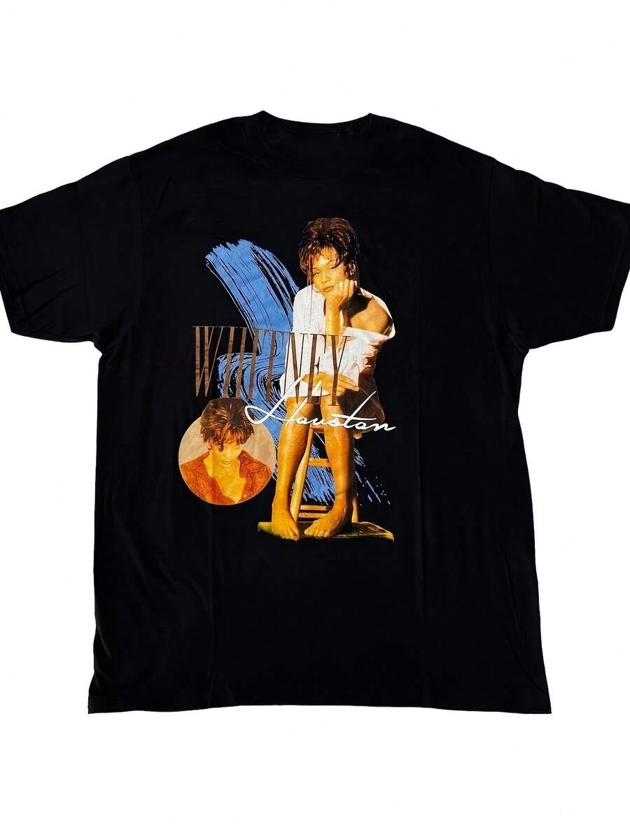 Vintage Whitney T-Shirt, Clothing For Music Lovers, Teens And Young Adults, Printed T-Shirt, Suitable For Daily Exercise, Unisex Casual Style, Soft And Breathable 220G Material, Machine Washable Unisex T-Shirt, Suitable For House Parties And Travel. - 黑色 - 查看 1