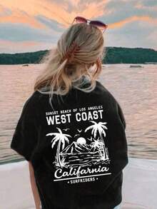100% Algodón Premium 180g : Camiseta única y moderna estilo y2k con diseño de playa de Los Ángeles y palmeras, perfecta para los amantes de la moda costera, ideal para resaltar tu estilo en cualquier ocasión, disfruta de las vibras del oeste, calidad y confort en una sola prenda. Ropa de Moda Casual Suave y Transpirable para Diario - Negro - Ver 6