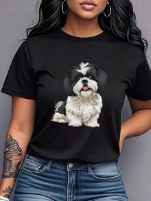 1 Piece Fashion Casual For Men And Women Shih Tzu Dog Print T-Shirt, Short Sleeve, Round Neck, Women's Clothing, Casual And Versatile, Modern And Fashionable, Suitable For Daily Wear, Dates, Casual Wear, And Home Wear. OB6L Is Versatile, Easy To Match, Suitable For Daily Wear, Urban Style, Vacation Outfits, And Weekend Wear. - 黑色 - 查看 7