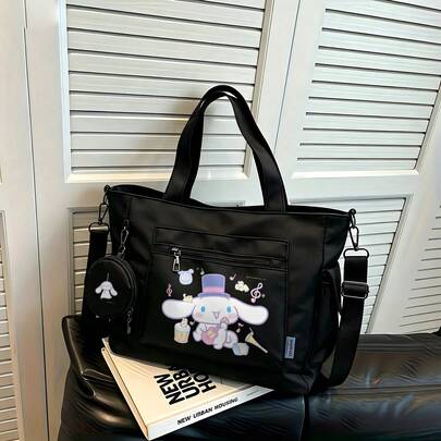 Miniso Bộ 2 túi tote đa năng cỡ lớn màu đen in hình Cinnamoroll trong phim hoạt hình "The Magical Music Party" của Sanrio, kèm ví đựng tiền xu có thể tháo rời, có thể mang theo nhiều cách, lý tưởng cho công việc, du lịch, mua sắm và sử dụng hàng ngày.