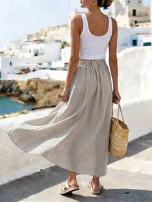 Women's Casual A-Line Skirt With Striped Front Buttons - 黑色 - View 2