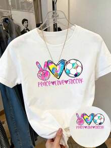 | Exquisite Design | Loose And Comfortable | Easy To Match | Short-Sleeve Printed T-Shirt - Peace, Love - Fashionable Printed T-Shirt For Women, Spring/Summer,  Item, Versatile And Casual - 白色 - 查看 1