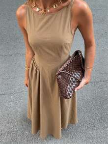 女士春夏法式复古优雅正式卡其色船领无袖收腰喇叭长连衣裙，适合晚宴、派对等场合 - 卡其色 - 查看 3