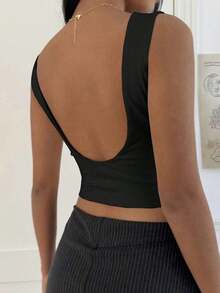 Top corto de algodón acolchado con espalda de tirantes, para primavera/verano - Negro - Ver 2