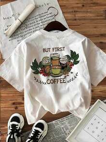 | Exquisite Design | Loose And Comfortable | Easy To Match | [Double-Sided Print] Women's Spring/Summer Vintage Style T-Shirt With "Coffee, Coffee Bean, BUT FIRST COFFEE" Print, Pure Cotton, Casual, Short Sleeve, Round Neck, Women's T-Shirt. - 白色 - 查看 3