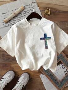 | Exquisite Design | Loose And Comfortable | Easy To Match | [Double-Sided Print] Women's Summer Clothing, Casual Top, Relaxed Style, Broken Porcelain, Floral Sea, Mountains, "GOD TURNS BROKEN PIECES" Print, Pure Cotton Short-Sleeve Crew Neck T-Shirt [LangK] - 白色 - 查看 1