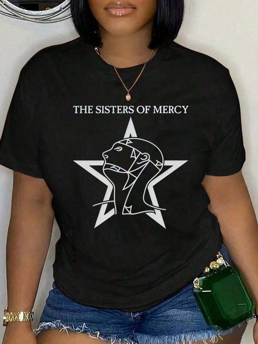 Vintage 100% Cotton The Sisters Of Mercy T-Shirt With Star Logo, Round Neck, Short Sleeves, Streetwear, Breathable, Men's, Soft, Unisex, Fashion, Summer Tops, Summer Clothing. - 黑色 - 查看 1