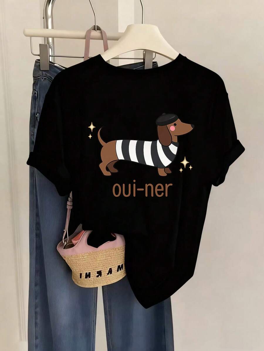 Women's Short-Sleeved T-Shirt With A , Artistic Print Featuring A Striped Design And A Cartoon Dog. It's Loose-Fitting And Comfortable, Perfect For Everyday Wear. The Combination Of Modern Prints And A Comfortable Crew Neck Makes It The Ideal Choice For Summer. - 黑色 - 查看 1