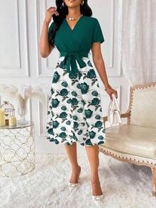 Vestido de mujer con cuello en V y cinturón, manga corta, vestido largo de verano para mujer - Multicolor - Ver 4