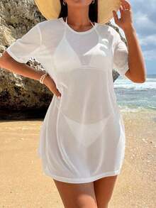 Vestido kaftan de mujer de unicolor con cuello redondo y manga corta, para usar en vacaciones - Blanco - Ver 6