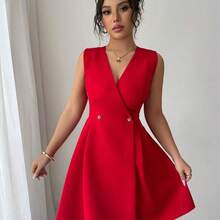 Vestido mini elegante y casual con cuello cruzado en V, hebillas de metal dobles y plisado en línea A, sin mangas, para vacaciones y trabajo, primavera/verano - Albaricoque - Ver 5