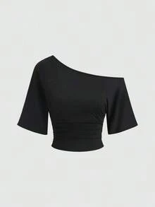 Nuevo conjunto de 3 piezas ajustado con hombros descubiertos, estilo sexy europeo y americano.Camiseta de unicolor versátil y casual para mujer, adecuada para primavera/verano, uso diario, ir al trabajo, citas - Multicolor - Ver 4
