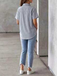 Blusa de mujer con rayas, blusa casual de manga corta, de verano - Negro - Ver 3