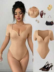 Nuevo lanzamiento de verano 2026: Mono de cuello en V profundo y cuello cuadrado de manga corta, elegante, estilizador, top de base que define la cintura, sexy y versátil para mujeres - Albaricoque - Ver 8