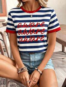 Camiseta de manga corta holgada con cuello redondo, estilo asimétrico a rayas, minimalista y casual, para mujer.Versátil y adecuada para primavera/verano y temporada deportiva - Multicolor 4 - Ver 4