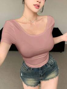 Camiseta de moda ajustada de manga corta con diseño de lazo en la espalda y unicolor, Blusa morada, Blusa tipo halter - Rosa - Ver 2