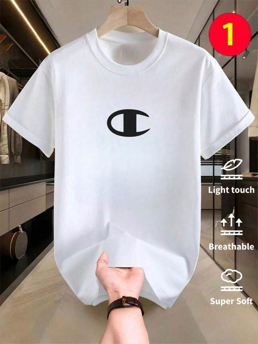 Men's Crew Neck Cropped T-Shirt, Loose-Fitting And Versatile With A Fun Print Design That Brings Joy. Ideal For Vacations, Travel, And Recreational Activities. Soft, High-Quality Fabric Offers Maximum Comfort. - 白色 1 - 查看 1