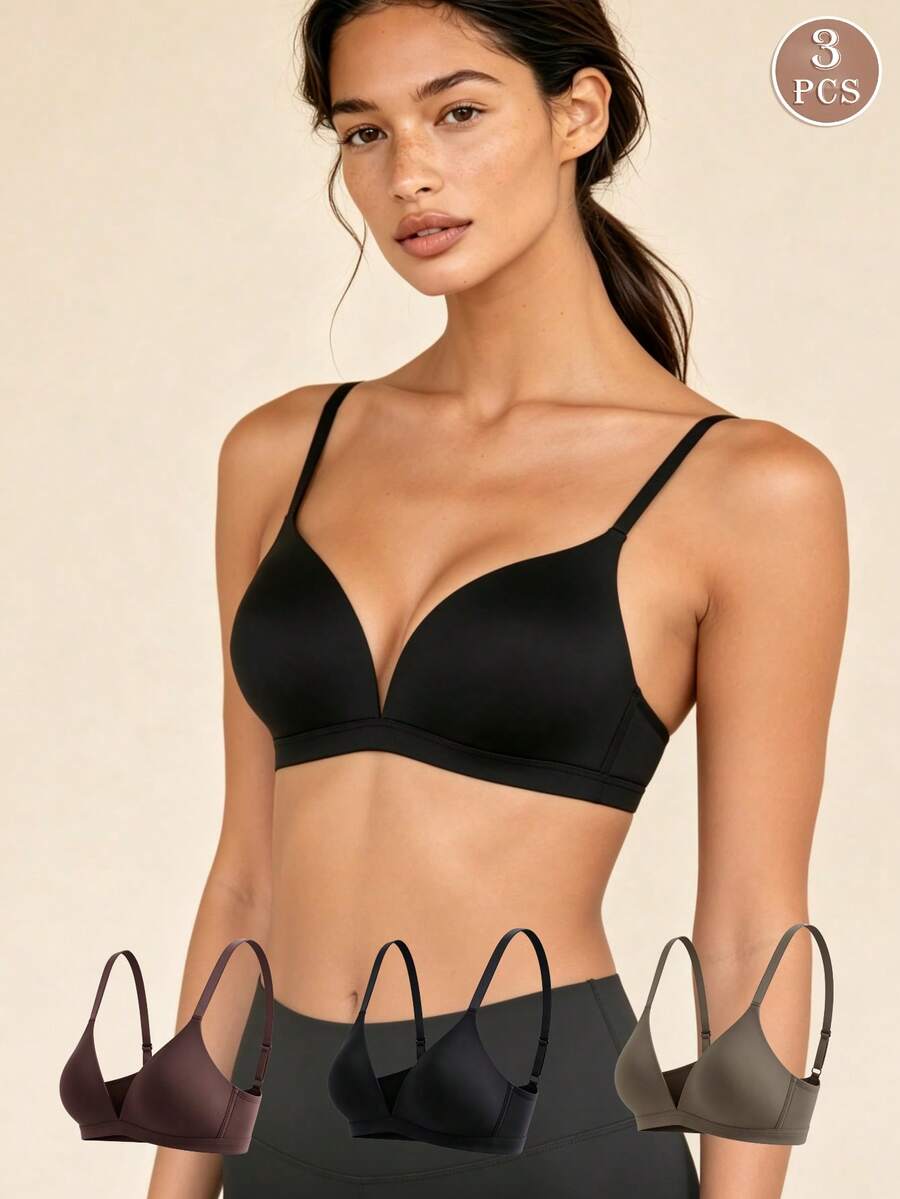 Lilivine Bộ 3 áo ngực nữ kiểu chữ V, thoải mái, không gọng, cúp mềm, màu trơn, đồ lót. - xanh quân đội - Xem 1