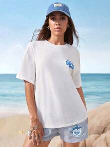 X Women's Short Sleeve Crew Neck T-Shirt With Shark Graphic And Lettering | Exquisite Design | Loose And Comfortable | Easy To Match | - White - View 2