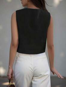 Chaqueta de chaleco con cuello en V de un solo pecho de unicolor para mujer, primavera y verano - Negro - Ver 3