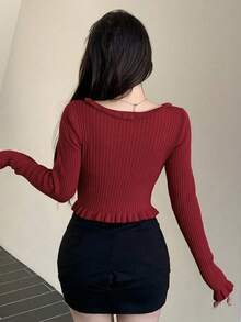 Cárdigan rojo con volantes para el Día de San Valentín de las mujeres, ropa de otoño - Rojo - Ver 5