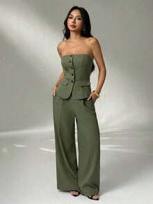 1 Conjunto de Top Camisola Ajustada de unicolor y Pantalones Elegantes para Otoño/Invierno - Verde militar - Ver 10