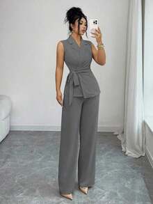 Conjunto elegante y romántico de blazer y corbata de moño para vacaciones y oficina para mujeres - Gris Oscuro - Ver 6