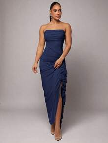 Vestido elegante de primavera y verano temprano con estampado floral verde, cuello fruncido, manga abullonada y abertura alta, también adecuado para el Día de San Valentín, citas, ocasiones románticas;talla grande vestido ajustado de encaje para mujeres, vestido para el Día de San Valentín, vestido de fiesta, vestido para citas románticas, vestido de dama de honor, vestido de noche, vestido para el trabajo, vestido de cumpleaños, vestido de noche elegante para mujeres, vestidos elegantes para mujeres, vestidos para mujeres, vestidos de fiesta para mujeres, vestidos formales para mujeres, vestidos de verano para mujeres - Azul marino - Ver 3