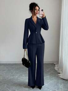 Traje elegante que afina la cintura, pantalones acampanados y estilizadores para uso diario, adecuado para vacaciones, citas, Día de la Independencia, atuendo de maestra - Azul marino - Ver 6