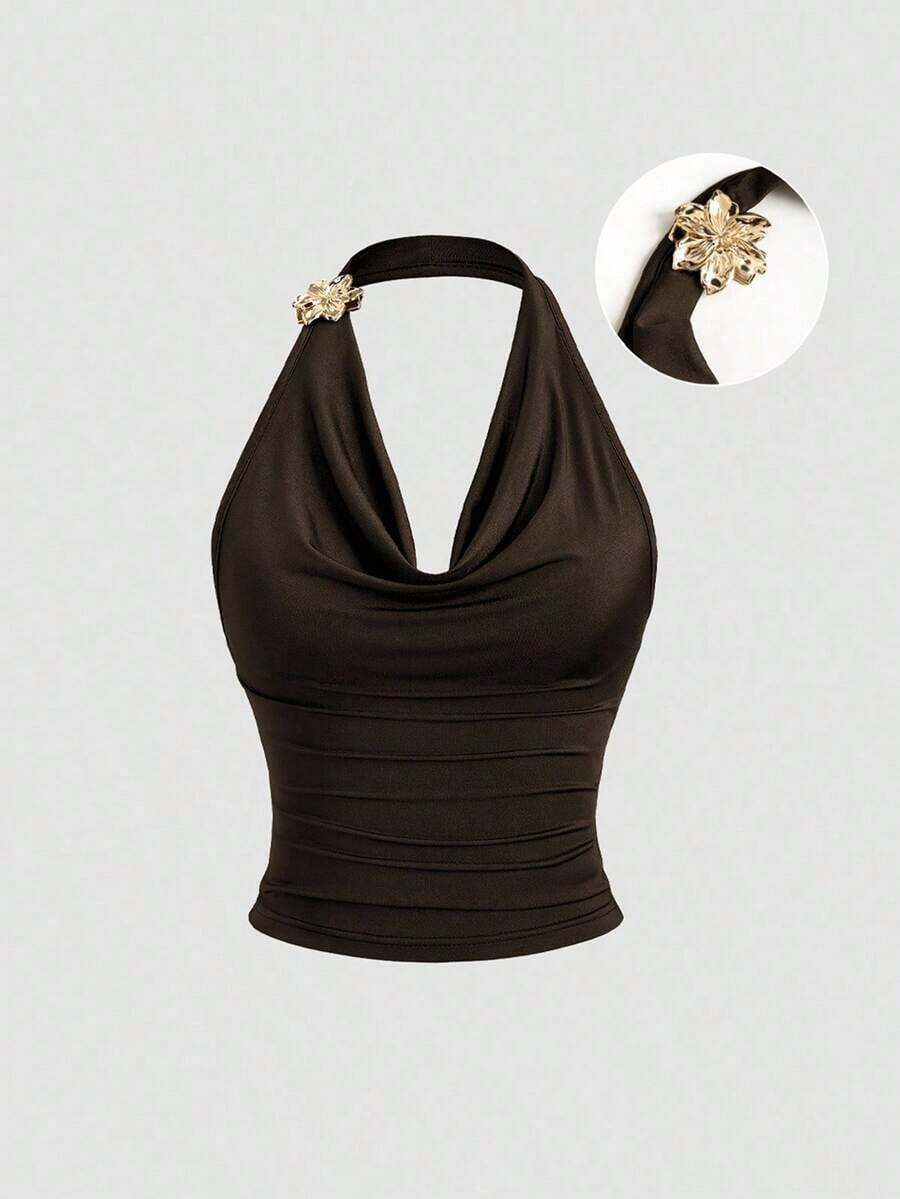Top sin mangas con cuello de volantes y diseño de cintura ceñida, moda de verano para mujeres con inspiración vintage - Café integral - Ver 1