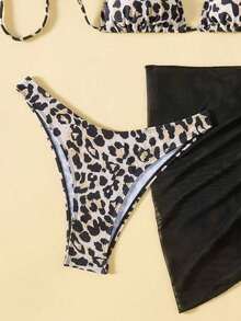 Set de bikini de 3 piezas para mujer con sujetador halter triangular y braguitas triangulares con lazos a los lados - Negro - Ver 4