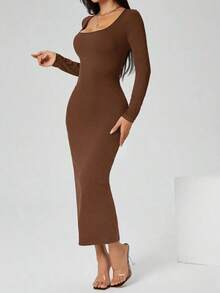 Vestido largo de manga larga con cuello cuadrado color negro sólido ajustado, vestido elegante de manga larga para mujer con cuello cuadrado, ajuste ceñido, manga recta, liso, para uso diario casual en primavera/otoño - Marrón - Ver 3