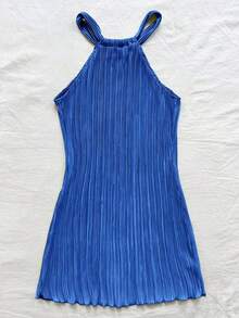 Vestido mini acanalado, de unicolor, ajustado, de cuello halter - azul real - Ver 2